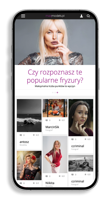 Mockup ekranu strony głownej MaxModels na iPhone