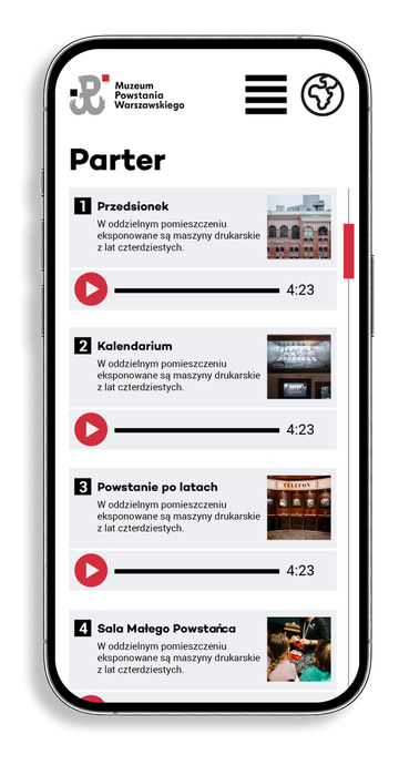 Mockup ekranu audioguide Muzeum Powstania Warszawskiego na iPhone