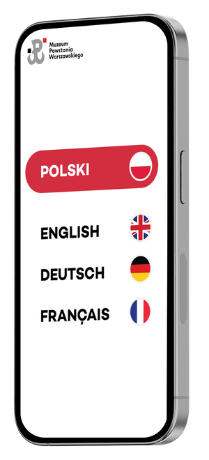 Mockup ekranu audioguide Muzeum Powstania Warszawskiego na iPhone