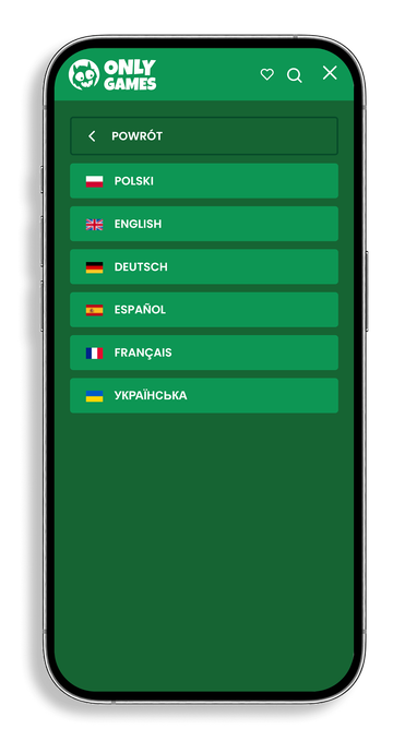 Mockup ekranu strony Onlygames na iPhone - wybór języka